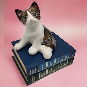 Artist Glazed Studio Art Crackle Heavy Ceramic Sitting Striped Tabby Cat Bookend